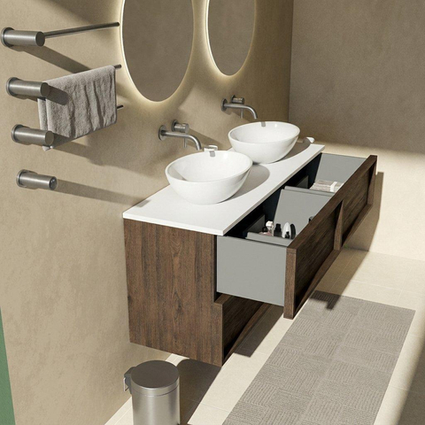 Saniclass Holz Frame Ensemble meuble de salle de bains - 140x45x62.5cm - plan de toilette Torino en solid surface blanc - sans trou de robinet - 4 tiroirs - chêne charcoal mat (bois) SW1579993