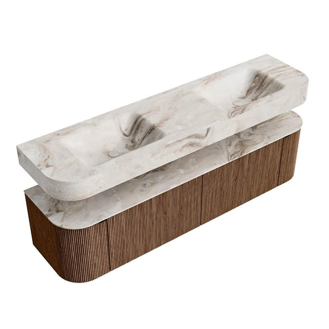 MONDIAZ THOR-DLUX 180cm badmeubel ronding links + rechts kleur Walnut met 2 lades en 2 deuren. Vrijhangende wastafel CLOUD Dubbel 2 kraangaten kleur Frappe. SW1465952