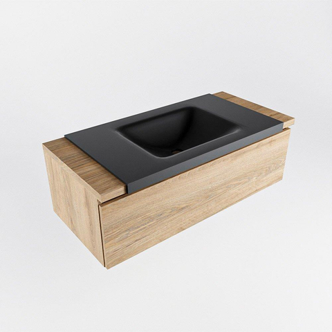 Mondiaz BUKLA Ensemble de meuble - 100x45x34cm - 0 trous de robinet - lavabo centré - solid surface - Urban - sans poignée - 1 tiroir - Mélamine - Chêne blanchi SW704792
