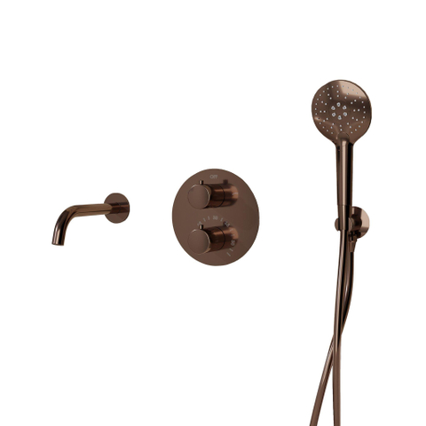 Fortifura Calvi Badkraan set - uitloop - 22cm inkortbaar - rond bedieningspaneel - gladde slang - ronde handdouche - inbouwdeel - wandhouder - PVD - geborsteld koper SW1408666