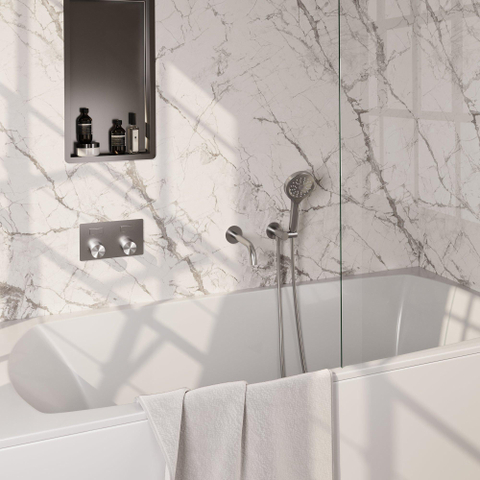 BRAUER Brushed Carving mitigeur de baignoire encastré thermostatique - boutons-poussoirs SET 04 - bec - pomme de douche 3 jets - flexible de douche - coude mural - inox brossé PVD SW925443