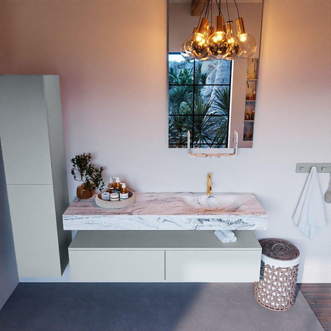 Mondiaz ALAN-DLUX Ensemble de meuble - 150cm - meuble Clay mat - 2 tiroirs - Lavabo Cloud Glace suspendu - vasque Droite - 1 trou de robinet SW806043