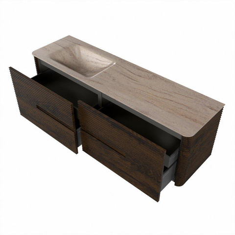 Mondiaz CIRO-DLUX Meuble de salle de bains - 160x45x50cm - Plan vasque Solid surface Saba - 1 vasque à gauche - sans trous de robinetterie - 4 tiroirs - Noyer SW1530735