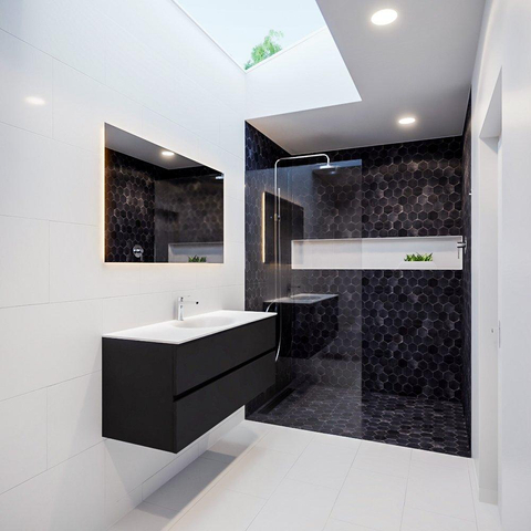 MONDIAZ VICA Ensemble de meuble salle de bain - 120cm - 2 tiroirs - lavabo Moon central - 1 trou de robinet - solid surface urban SW410134