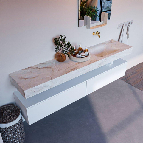 Mondiaz ALAN-DLUX Ensemble de meuble - 200cm - meuble Talc mat - 2 tiroirs - Lavabo Cloud Frappe suspendu - vasque Droite - 0 trous de robinet SW805317