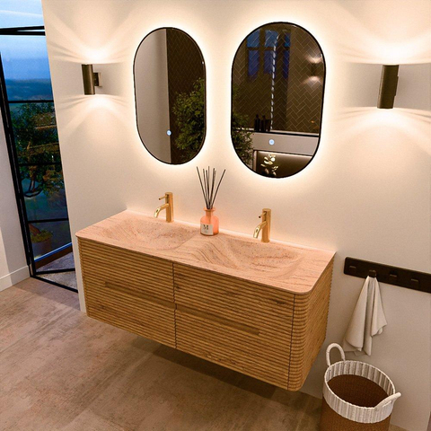 Mondiaz CIRO-DLUX Badkamermeubelset - 130x45x50cm - Solid surface wastafel Saba - 2 wasbak Dubbel - 2 kraangaten - 4 lades - Oak SW1531192