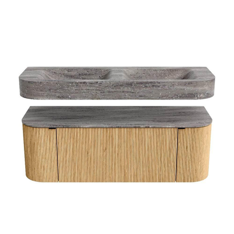 MONDIAZ THOR-DLUX 130cm meuble de salle de bains arrondi gauche + droite couleur Oak avec 1 tiroir et 2 portes. Vasque suspendue CLOUD Double 2 trous de robinet couleur Oza. SW1463989