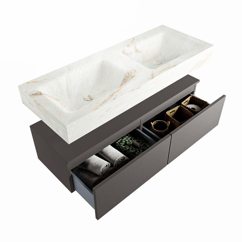 Mondiaz ALAN-DLUX Ensemble de meuble - 120cm - meuble Dark grey mat - 2 tiroirs - Lavabo Cloud Frappe suspendu - vasque Gauche et droite - 0 trous de robinet SW804723