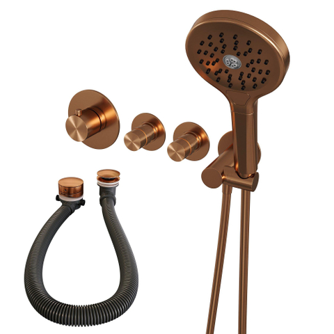 Robinet de baignoire encastré Brauer Copper Edition - ensemble de douche - 3 boutons lisses - douchette ronde 3 positions - PVD - cuivre brossé SW374514