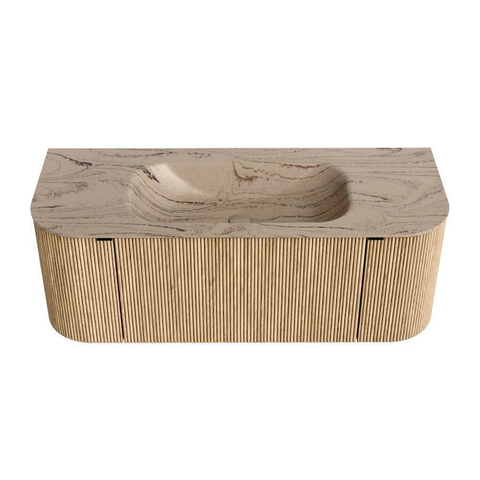 MONDIAZ KURVE-DLUX Meuble de salle de bains 120 cm arrondi Gauche + Droite couleur Chêne avec 1 tiroir et 2 portes. Vasque BIG SMALL Milieu 1 trou de robinet Arena. SW1431094
