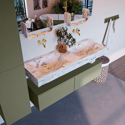 Mondiaz ALAN-DLUX Ensemble de meuble - 130cm - meuble Army mat - 2 tiroirs - Lavabo Cloud Glace suspendu - vasque Gauche et droite - 0 trous de robinet SW805955