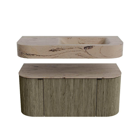 MONDIAZ THOR-DLUX 100cm meuble de salle de bains arrondi gauche + droite couleur Shadow avec 1 tiroir et 2 portes. Vasque suspendue CLOUD droite sans trou de robinet couleur Arena. SW1467464