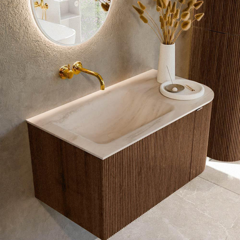 MONDIAZ KURVE-DLUX Meuble de salle de bains 85cm arrondi à droite couleur Walnut avec 1 tiroir et 1 porte. Lavabo CLOUD à gauche sans trou de robinet Meli. SW1432048