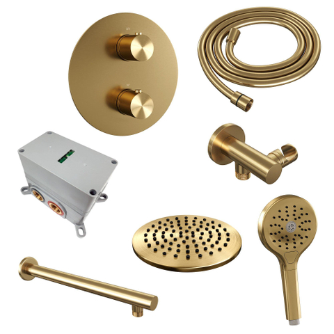 BRAUER Gold Edition douche thermostatique encastrée - 3 voies - rond - ensemble 79 - douche principale de 20 cm - bras mural droit - douchette à main 3 positions - flexible de douche - coude mural - or brossé PVD SW1159009