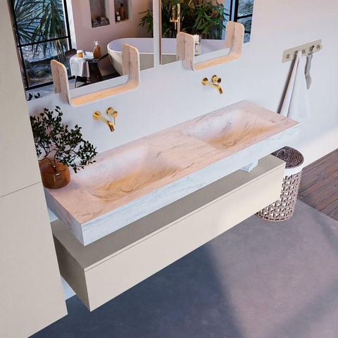 Mondiaz ALAN-DLUX Ensemble de meuble - 150cm - meuble Linen mat - 1 tiroir - Lavabo Cloud Opalo suspendu - vasque Gauche et droite - 0 trous de robinet SW806631