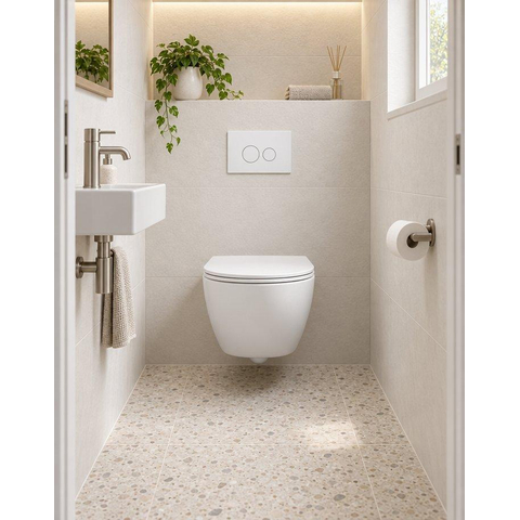 QeramiQ Dely Swirl Compact Toiletset - inbouwreservoir QeramiQ flush - slim zitting - metalen bedieningsplaat mat wit - ronde knoppen - glans wit SW1590491