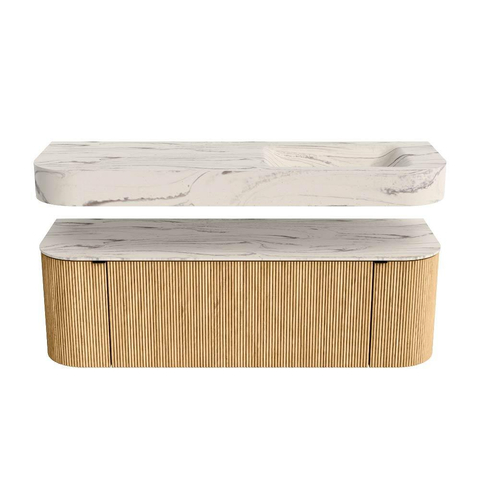 MONDIAZ THOR-DLUX 140cm badmeubel ronding links + rechts kleur Oak met 1 lade en 2 deuren. Vrijhangende wastafel CLOUD Rechts 1 kraangat kleur Nata. SW1464421