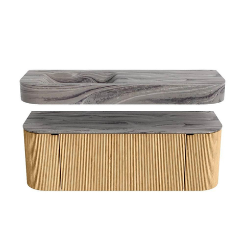 MONDIAZ THOR-DLUX 130cm badmeubel ronding links + rechts kleur Oak met 1 lade en 2 deuren. Vrijhangende wastafel CLOUD Links zonder kraangat kleur Sombra. SW1464052