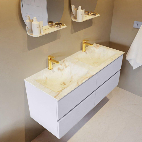 Mondiaz VICA-DLUX Ensemble meuble de salle de bains - 120cm - cale - 4 tiroirs - Lavabo encastré CLOUD - double 2 trous de robinet - couleur Frappe - Version XL 60cm de hauteur SW1189183