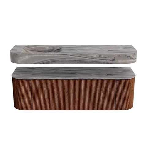 MONDIAZ THOR-DLUX 150cm badmeubel ronding links + rechts kleur Ruby met 1 lade en 2 deuren. Vrijhangende wastafel CLOUD Links zonder kraangat kleur Sombra. SW1464947