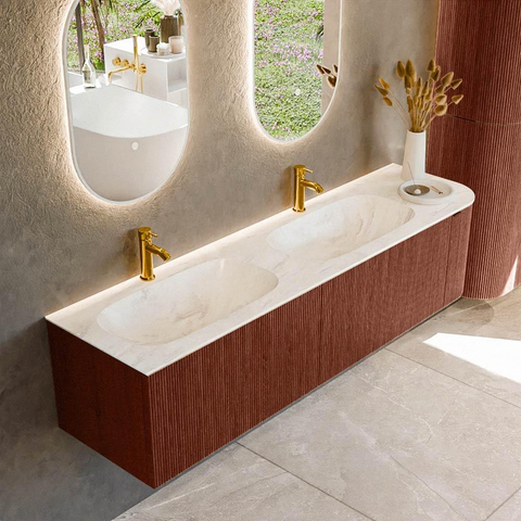 Mondiaz KURVE-DLUX Ensemble meuble de salle de bains - 175x46x40cm - 2 tiroirs - 1 porte - vasque solid surface - double / gauche - 2 trous de robinet - Ruby SW1415946