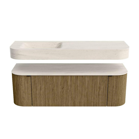 MONDIAZ THOR-DLUX 140cm meuble de salle de bains arrondi gauche + droite couleur Dusk avec 1 tiroir et 2 portes. Vasque suspendue CLOUD Gauche sans trou de robinet couleur Meli. SW1464403
