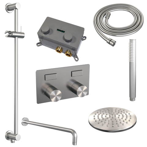 BRAUER Brushed Carving Douche de pluie thermostatique encastrée - boutons-poussoirs - SET 63 - pomme de douche 20cm - bras mural courbé - douchette barre - flexible de douche - barre de douche intégrée - inox brossé PVD SW925470