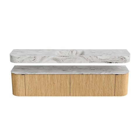 MONDIAZ THOR-DLUX 200cm badmeubel ronding links + rechts kleur Oak met 2 lades en 2 deuren. Vrijhangende wastafel CLOUD Midden zonder kraangat kleur Glace. SW1466941