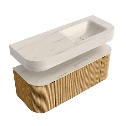 MONDIAZ THOR-DLUX 120cm meuble de salle de bains arrondi gauche + droite couleur Oak avec 1 tiroir et 2 portes. Vasque suspendue CLOUD droite 1 trou de robinet couleur Meli. SW1463320