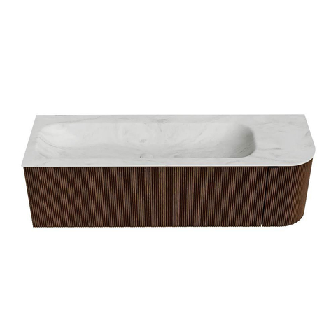 MONDIAZ KURVE-DLUX 145cm badmeubel met module 25 R kleur Walnut met 1 lade en 1 deur. Wastafel BIG LARGE links 2 kraangaten kleur Opalo. SW1137691