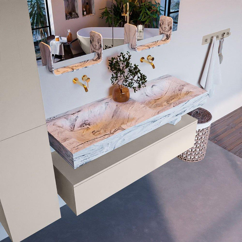 Mondiaz ALAN-DLUX Ensemble de meuble - 130cm - meuble Linen mat - 1 tiroir - Lavabo Cloud Glace suspendu - vasque Gauche et droite - 0 trous de robinet SW805684