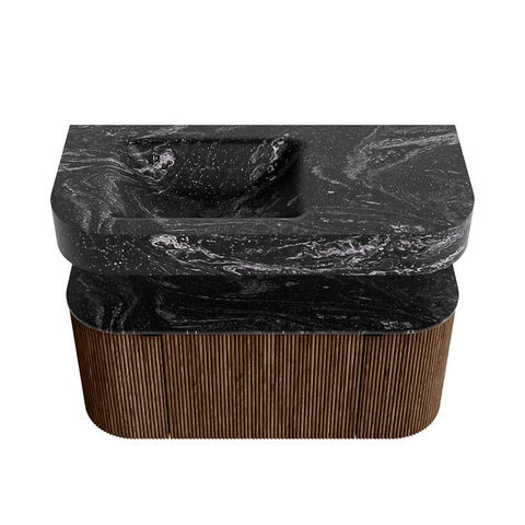 MONDIAZ THOR-DLUX 100cm meuble de salle de bains arrondi gauche + droite couleur Walnut avec 1 tiroir et 2 portes. Vasque suspendue CLOUD Gauche sans trou de robinet couleur Lava. SW1467371