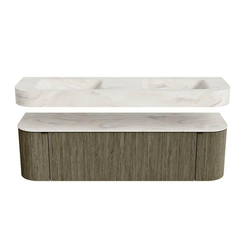 MONDIAZ THOR-DLUX 160cm meuble de salle de bains arrondi gauche + droite couleur Shadow avec 1 tiroir et 2 portes. Vasque suspendue CLOUD Double 2 trous de robinet couleur Ostra. SW1465118