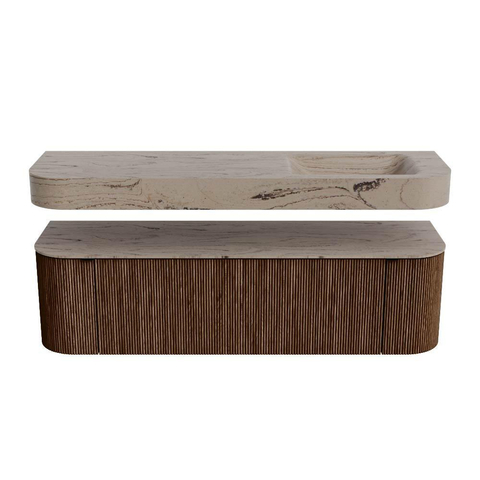 MONDIAZ THOR-DLUX 160cm badmeubel ronding links + rechts kleur Walnut met 1 lade en 2 deuren. Vrijhangende wastafel CLOUD Rechts zonder kraangat kleur Arena. SW1465115