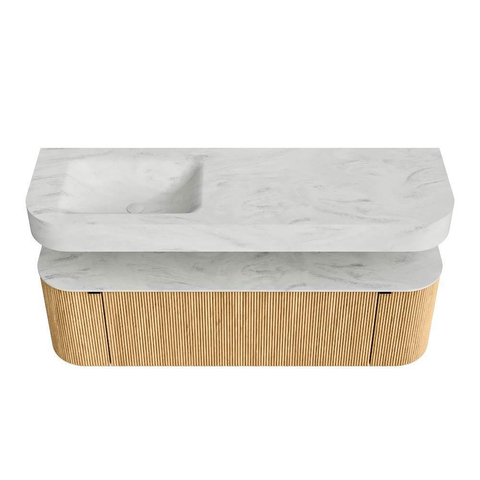 MONDIAZ THOR-DLUX 150cm badmeubel ronding links + rechts kleur Oak met 1 lade en 2 deuren. Vrijhangende wastafel CLOUD Links 1 kraangat kleur Opalo. SW1464613