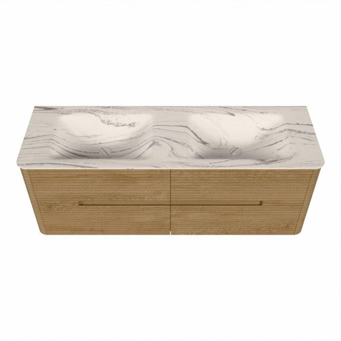 Mondiaz CIRO-DLUX Ensemble de meubles de salle de bains - 140x45x50cm - plan-vasque solid surface Nata - 2 vasques Double - 2 trous de robinetterie - 4 tiroirs - Chêne SW1531473