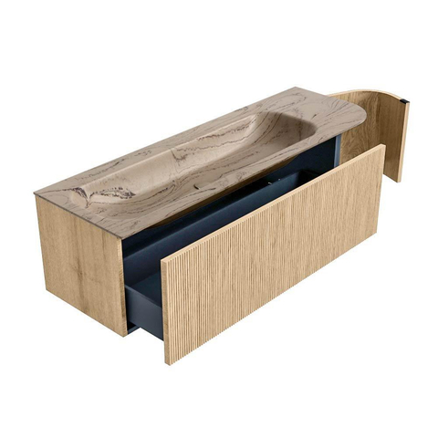 MONDIAZ KURVE-DLUX Meuble de salle de bains 145cm arrondi à droite couleur Oak avec 1 tiroir et 1 porte. Lavabo BIG LARGE à gauche 2 trous de robinet Arena. SW1431126