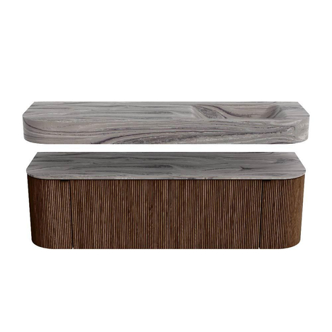MONDIAZ THOR-DLUX 150cm meuble de salle de bains arrondi gauche + droite couleur Walnut avec 1 tiroir et 2 portes. Vasque suspendue CLOUD droite sans trou de robinet couleur Sombra. SW1464937