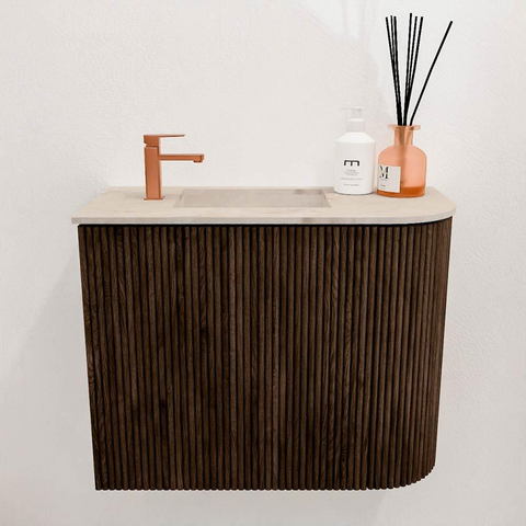 Mondiaz JOYA-DLUX Meuble de toilette 51,6cm - arrondi droit couleur Walnut - Vasque FAYE position Gauche 1 trou de robinet couleur Frappe SW1422317