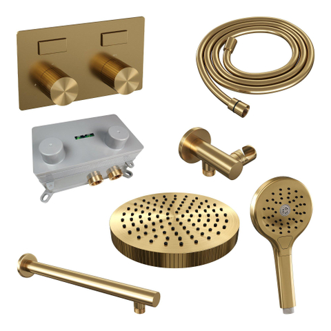 BRAUER Stripe Douche de tête thermostatique encastrée - boutons-poussoirs - SET 28 - pomme de douche 25cm - bras mural droit - douchette 3 positions - flexible de douche - coude mural - PVD doré brossé SW1434854