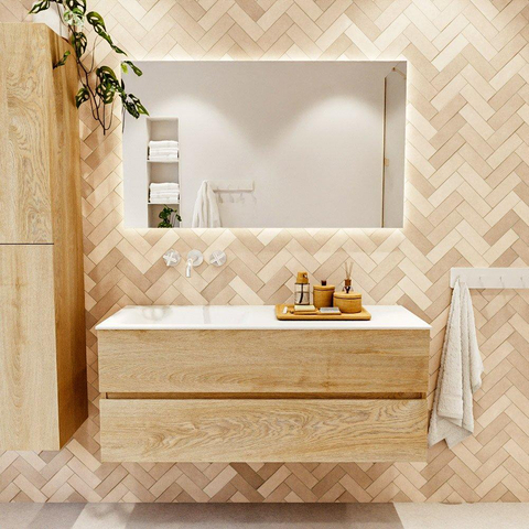 MONDIAZ VICA meuble sous lavabo 120cm Chêne blanchi 2 tiroirs. Lavabo CLOUD gauche sans trou de robinet, couleur Talc. SW1381906