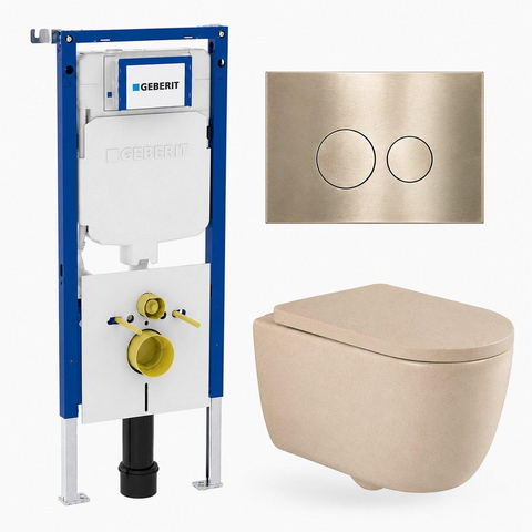 QeramiQ Dely Swirl Toiletset - 36.3x51.7cm - Geberit UP720 Duofix Sigma inbouwreservoir - 35mm zitting - geborsteld messing bedieningsplaat - ronde knoppen - mat beige SW1416805