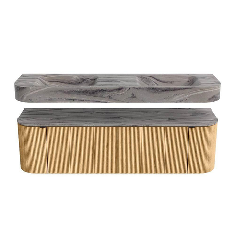 MONDIAZ THOR-DLUX 160cm meuble de salle de bains arrondi gauche + droite couleur Chêne avec 1 tiroir et 2 portes. Vasque suspendue CLOUD Double 2 trous de robinet couleur Sombra. SW1465370
