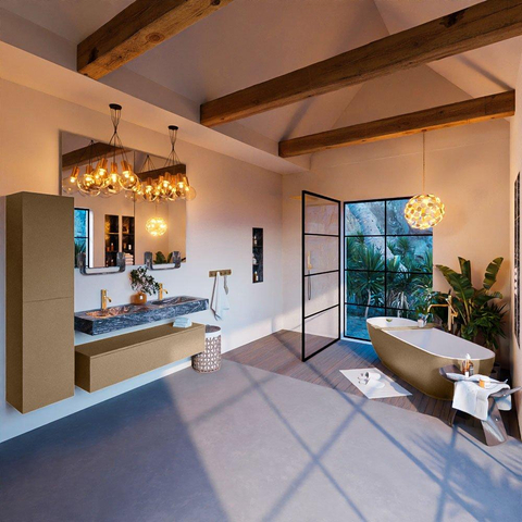 Mondiaz ALAN-DLUX Ensemble de meuble - 130cm - meuble Oro mat - 1 tiroir - Lavabo Cloud Lava suspendu - vasque Gauche et droite - 2 trous de robinet SW808428