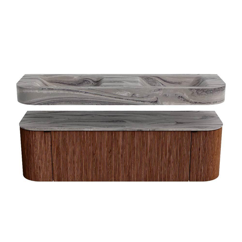 MONDIAZ THOR-DLUX 150cm badmeubel ronding links + rechts kleur Ruby met 1 lade en 2 deuren. Vrijhangende wastafel CLOUD Dubbel 2 kraangaten kleur Sombra. SW1464926