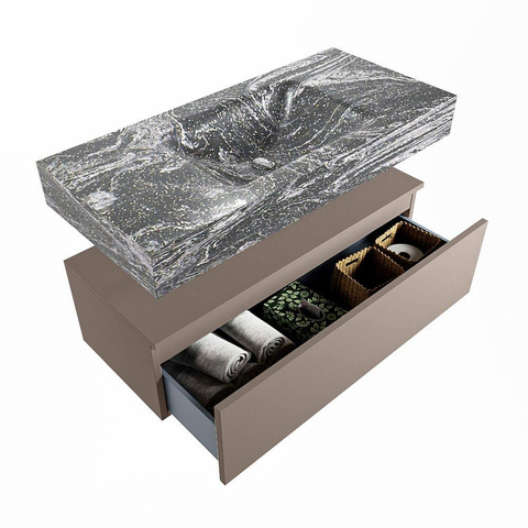 Mondiaz ALAN-DLUX Ensemble de meuble - 100cm - meuble Smoke mat - 1 tiroir - Lavabo Cloud Lava suspendu - vasque Centre - 1 trou de robinet SW807923