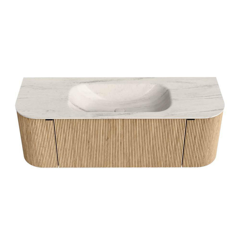 MONDIAZ KURVE-DLUX 130cm badmeubel ronding Links + Rechts kleur Oak met 1 lade en 2 deuren. Wastafel BIG SMALL Midden zonder kraangat Meli. SW1431596