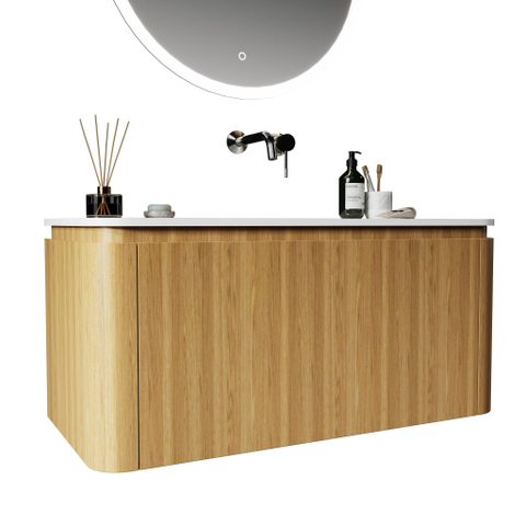 Royal Plaza Terra Ensemble meuble de salle de bains - 100x46.2x46cm - vasque en solid surface blanc brillant - 1 vasque - sans trou de robinet - 2 tiroirs - sandwood (chêne clair) SW1447023