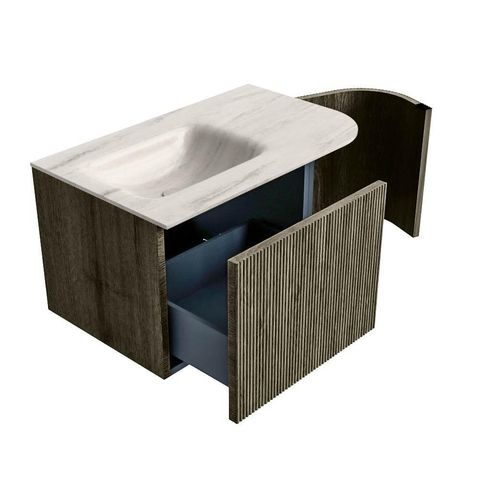 MONDIAZ KURVE-DLUX Meuble de salle de bains 75cm arrondi à droite couleur Shadow avec 1 tiroir et 1 porte. Lavabo GRUNNE à gauche sans trou de robinet Meli. SW1431783