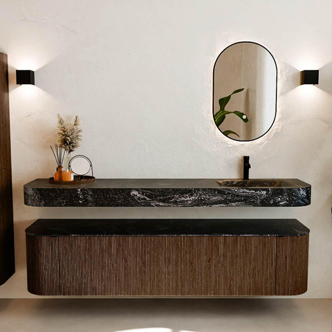 MONDIAZ THOR-DLUX Meuble de salle de bains - 190cm - arrondi gauche + droite - couleur Walnut - 2 tiroirs et 2 portes - Vasque suspendue CLOUD droite 1 trou de robinet - couleur Lava SW1466246
